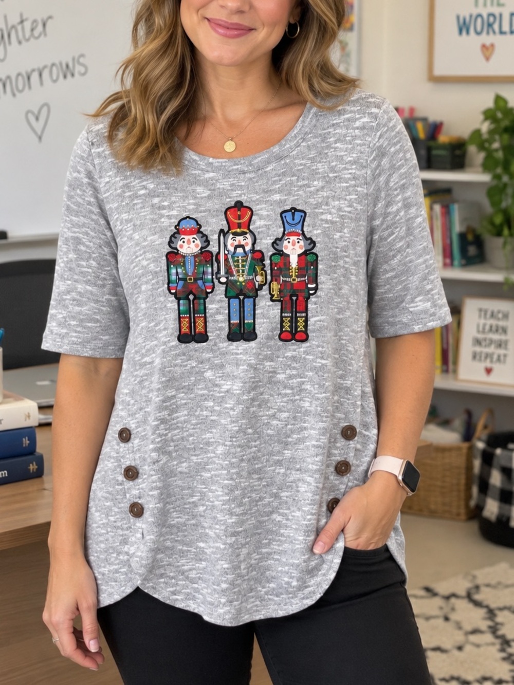 TruSelf Nutcracker Christmas Gray Tunic Top Medium Plaid Holiday